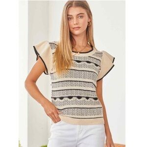 Andrew By Unit Sweater Ruffled Sleeves Black Cream Striped Cutout Size medium